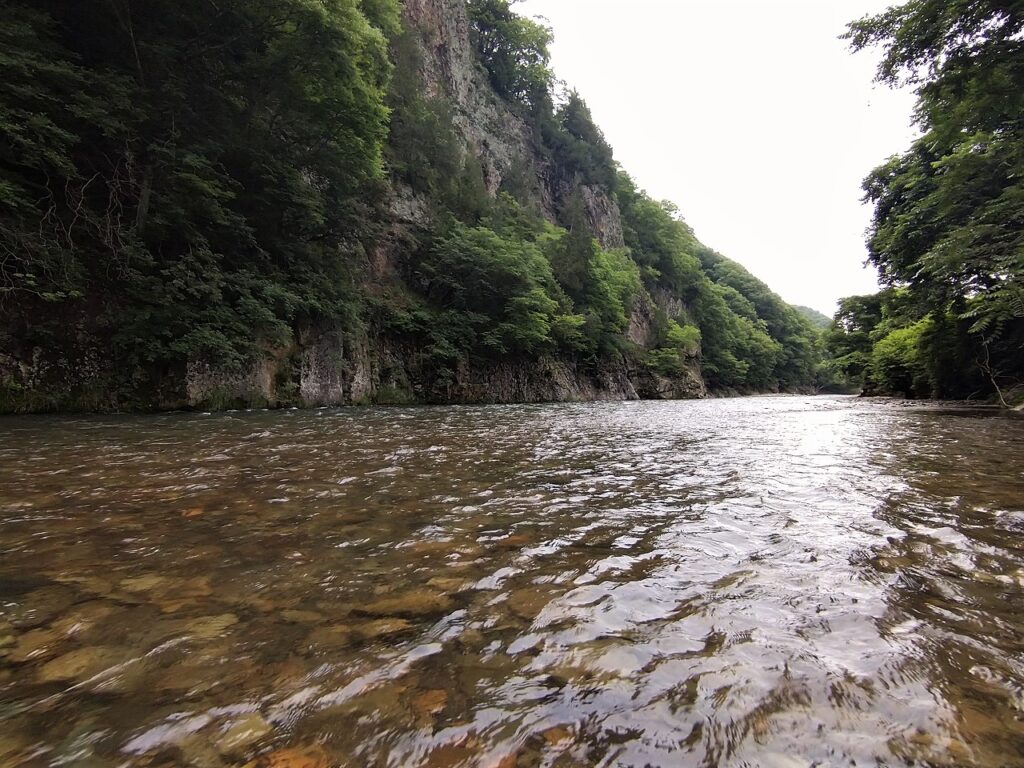依田川 立岩付近の渓相
フラットな川岸はフライフィッシングに向いている